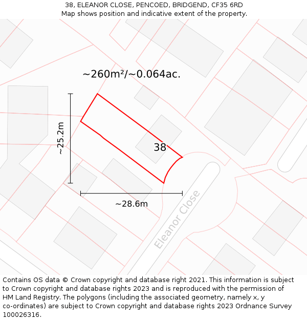 38, ELEANOR CLOSE, PENCOED, BRIDGEND, CF35 6RD: Plot and title map