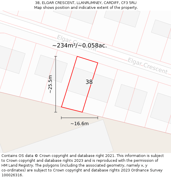 38, ELGAR CRESCENT, LLANRUMNEY, CARDIFF, CF3 5RU: Plot and title map