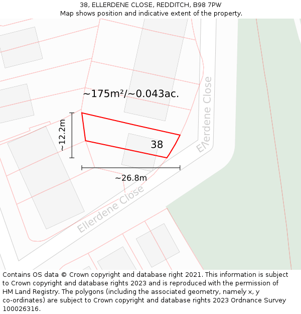 38, ELLERDENE CLOSE, REDDITCH, B98 7PW: Plot and title map