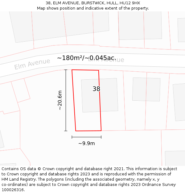 38, ELM AVENUE, BURSTWICK, HULL, HU12 9HX: Plot and title map