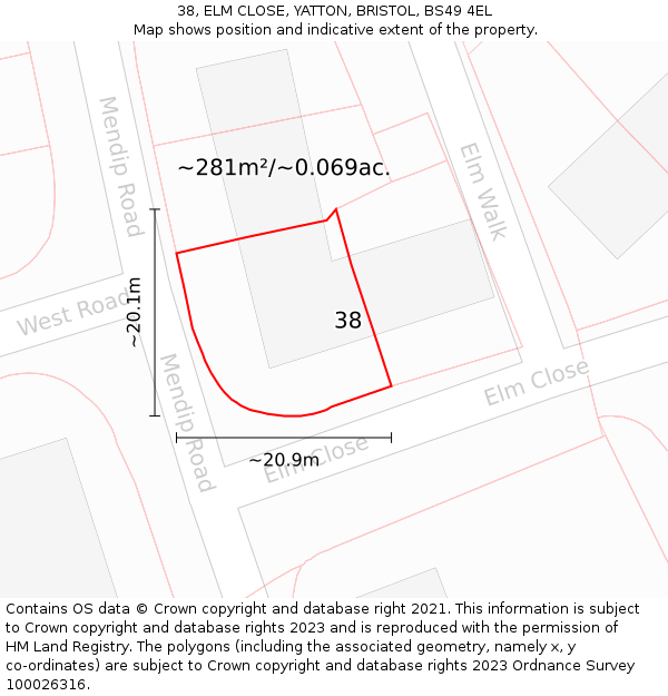 38, ELM CLOSE, YATTON, BRISTOL, BS49 4EL: Plot and title map