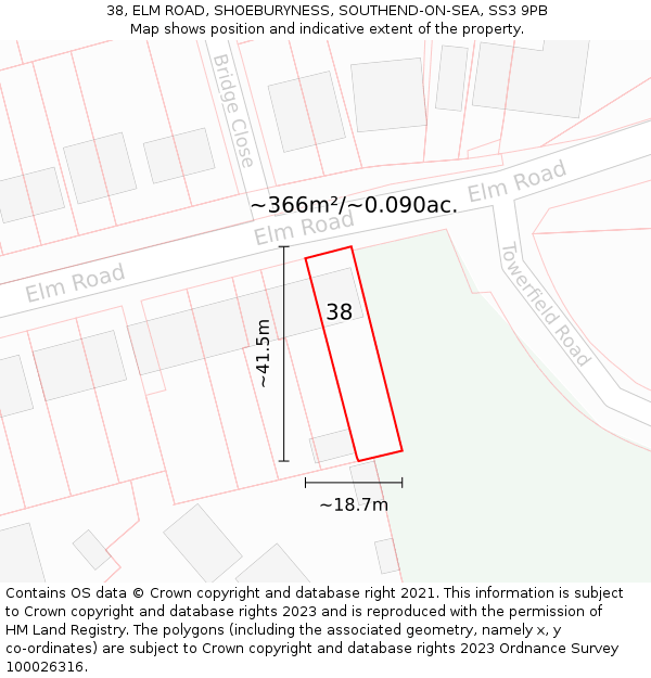 38, ELM ROAD, SHOEBURYNESS, SOUTHEND-ON-SEA, SS3 9PB: Plot and title map
