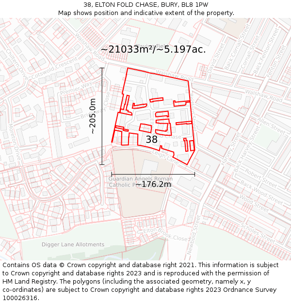 38, ELTON FOLD CHASE, BURY, BL8 1PW: Plot and title map