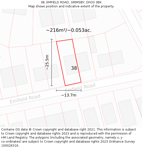 38, EMFIELD ROAD, GRIMSBY, DN33 3BX: Plot and title map