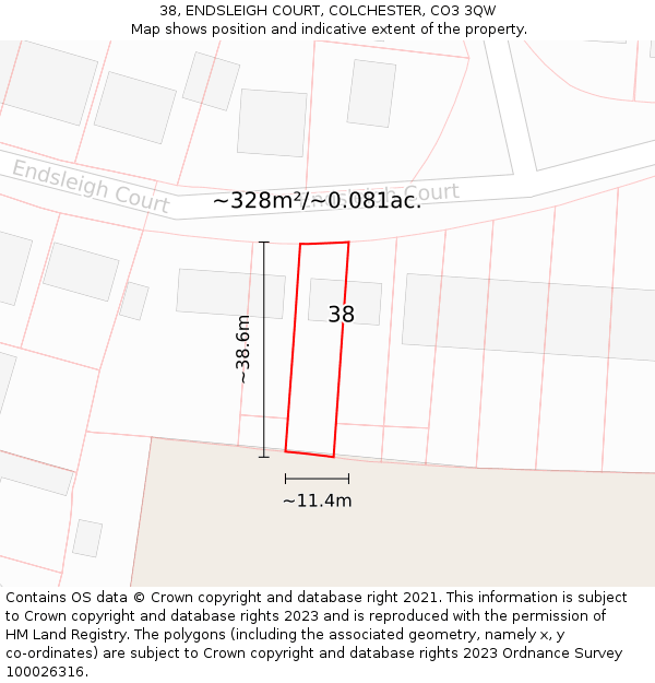 38, ENDSLEIGH COURT, COLCHESTER, CO3 3QW: Plot and title map