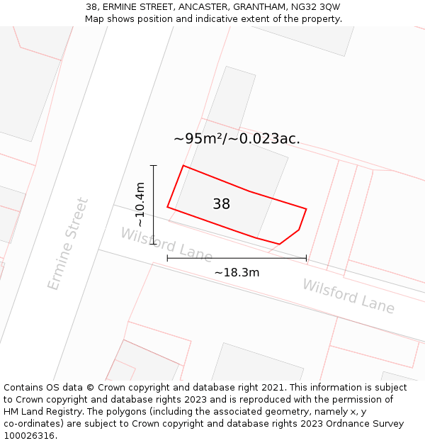 38, ERMINE STREET, ANCASTER, GRANTHAM, NG32 3QW: Plot and title map