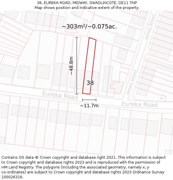 38, EUREKA ROAD, MIDWAY, SWADLINCOTE, DE11 7NP: Plot and title map