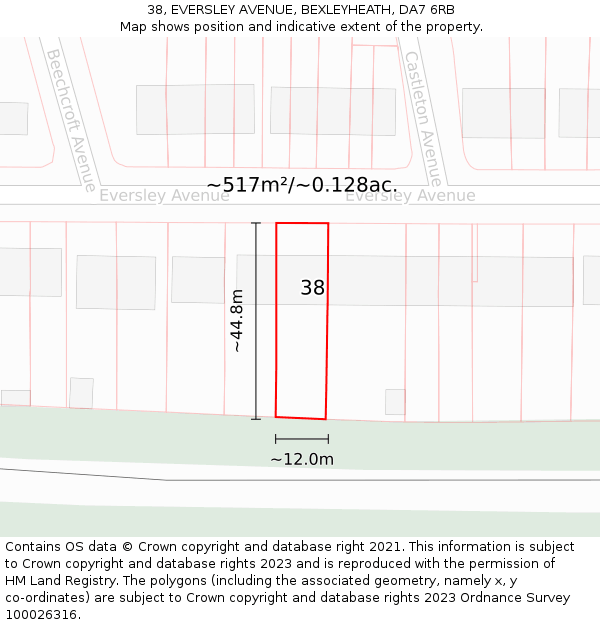 38, EVERSLEY AVENUE, BEXLEYHEATH, DA7 6RB: Plot and title map
