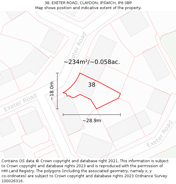 38, EXETER ROAD, CLAYDON, IPSWICH, IP6 0BP: Plot and title map