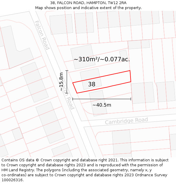 38, FALCON ROAD, HAMPTON, TW12 2RA: Plot and title map