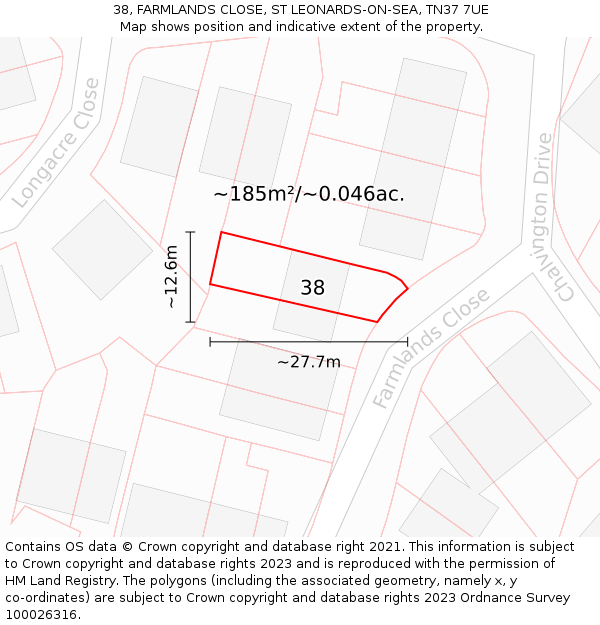 38, FARMLANDS CLOSE, ST LEONARDS-ON-SEA, TN37 7UE: Plot and title map