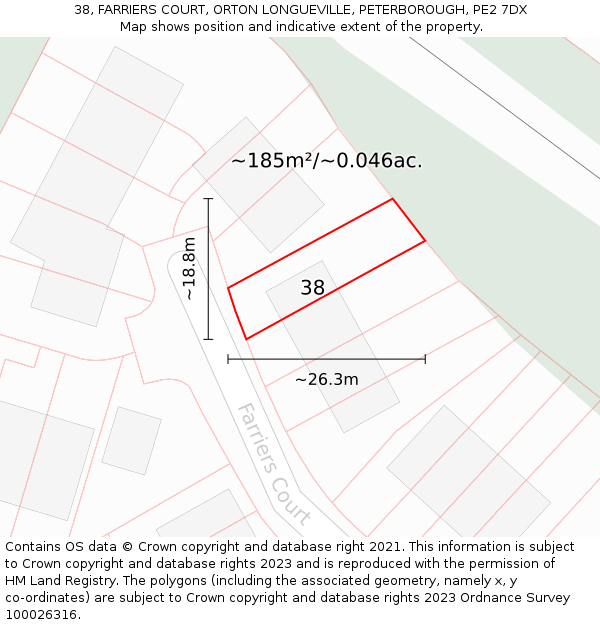 38, FARRIERS COURT, ORTON LONGUEVILLE, PETERBOROUGH, PE2 7DX: Plot and title map