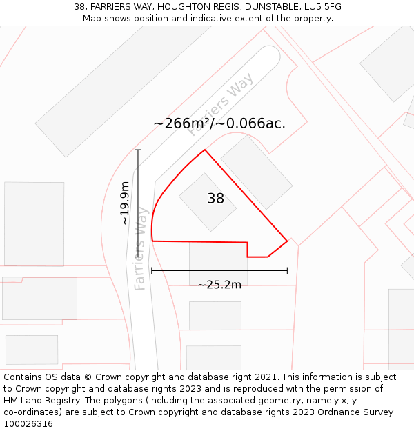 38, FARRIERS WAY, HOUGHTON REGIS, DUNSTABLE, LU5 5FG: Plot and title map