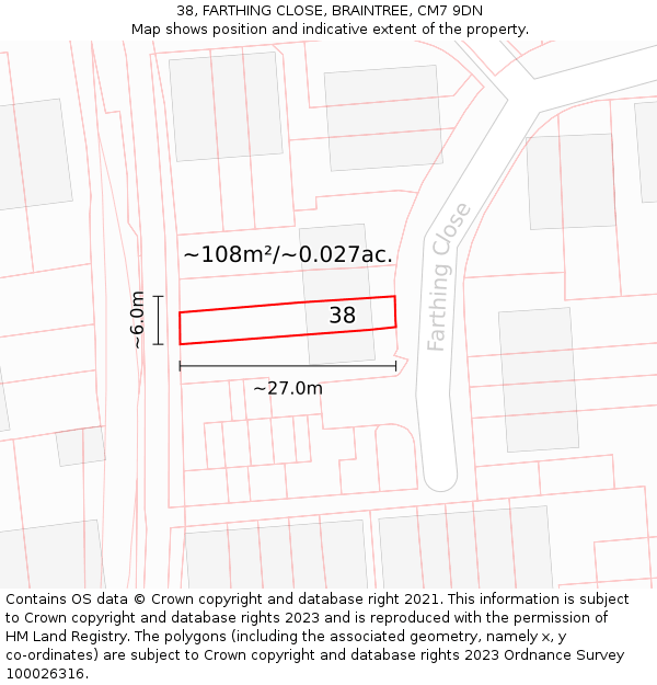 38, FARTHING CLOSE, BRAINTREE, CM7 9DN: Plot and title map