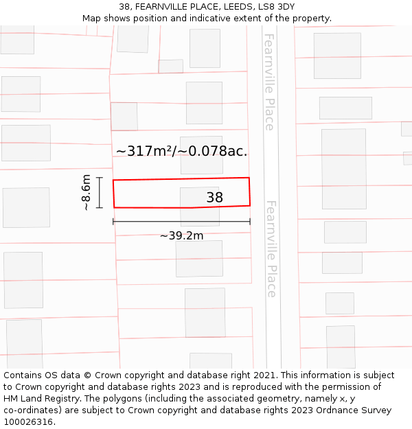 38, FEARNVILLE PLACE, LEEDS, LS8 3DY: Plot and title map