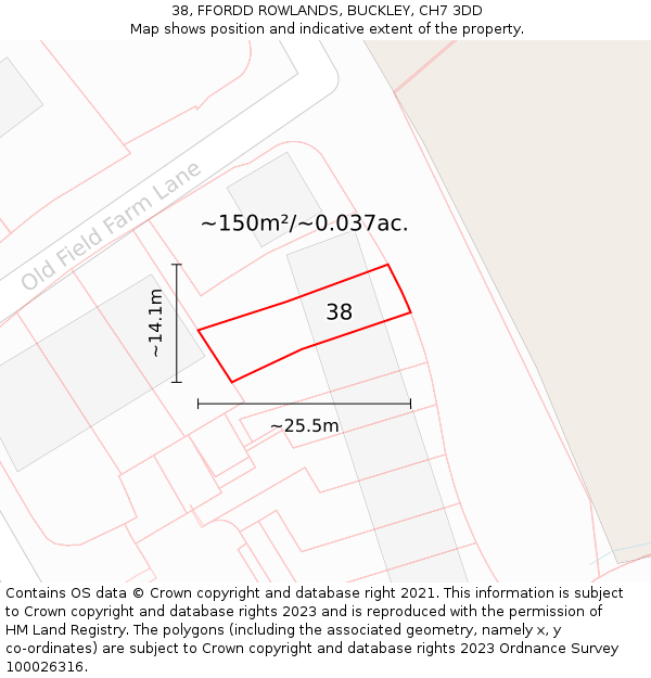 38, FFORDD ROWLANDS, BUCKLEY, CH7 3DD: Plot and title map