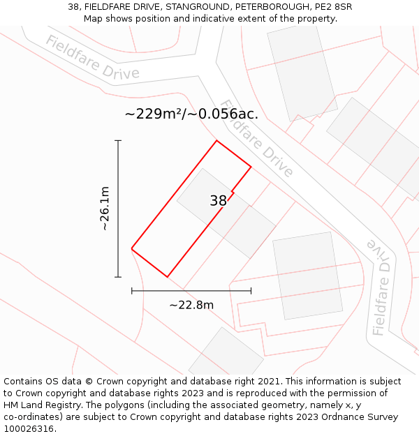 38, FIELDFARE DRIVE, STANGROUND, PETERBOROUGH, PE2 8SR: Plot and title map