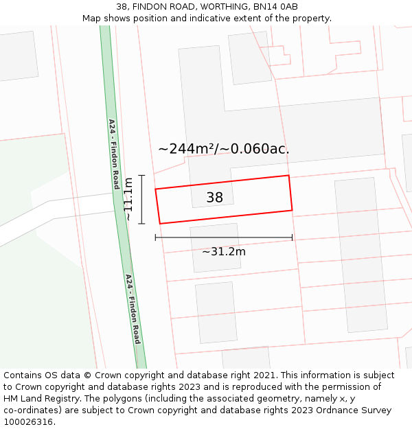 38, FINDON ROAD, WORTHING, BN14 0AB: Plot and title map