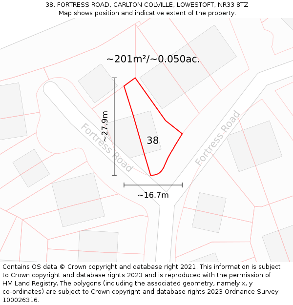 38, FORTRESS ROAD, CARLTON COLVILLE, LOWESTOFT, NR33 8TZ: Plot and title map