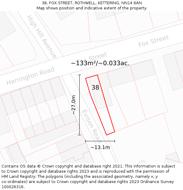38, FOX STREET, ROTHWELL, KETTERING, NN14 6AN: Plot and title map