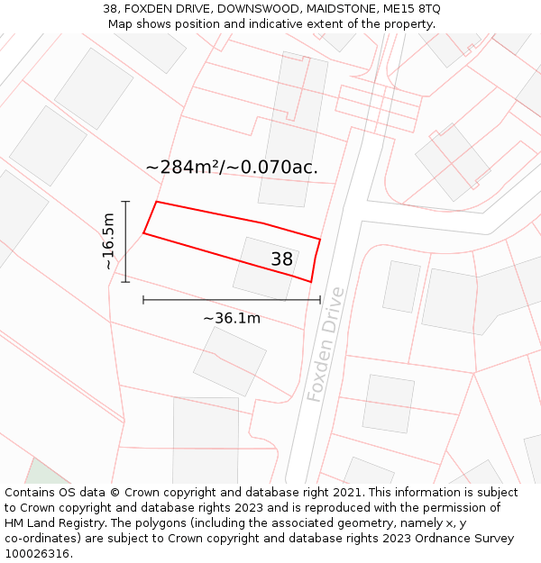 38, FOXDEN DRIVE, DOWNSWOOD, MAIDSTONE, ME15 8TQ: Plot and title map