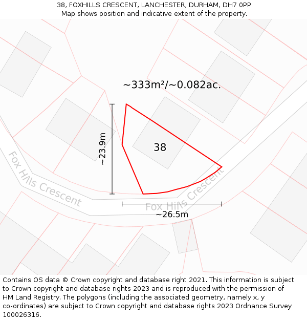 38, FOXHILLS CRESCENT, LANCHESTER, DURHAM, DH7 0PP: Plot and title map