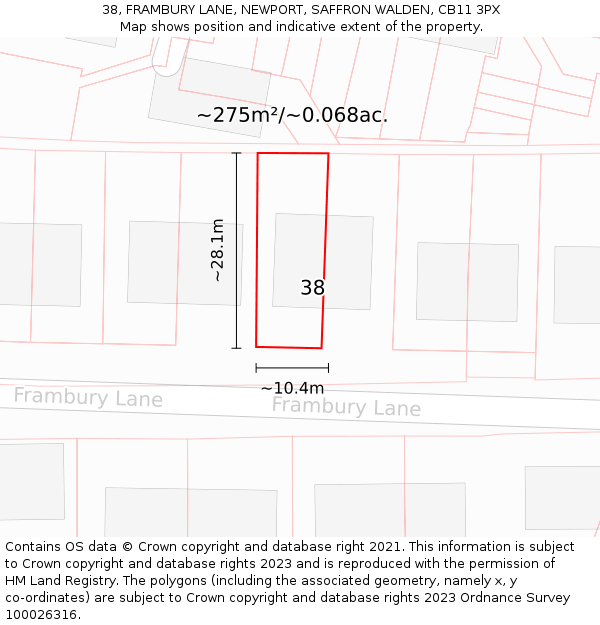 38, FRAMBURY LANE, NEWPORT, SAFFRON WALDEN, CB11 3PX: Plot and title map