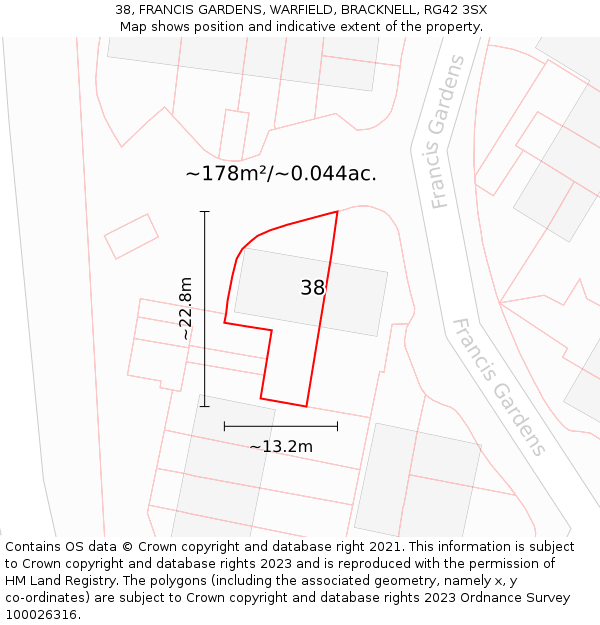 38, FRANCIS GARDENS, WARFIELD, BRACKNELL, RG42 3SX: Plot and title map