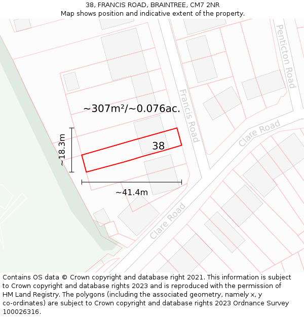 38, FRANCIS ROAD, BRAINTREE, CM7 2NR: Plot and title map