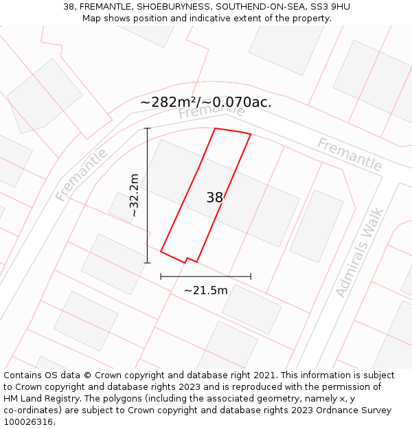 38, FREMANTLE, SHOEBURYNESS, SOUTHEND-ON-SEA, SS3 9HU: Plot and title map