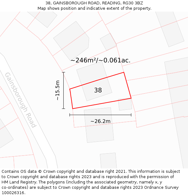 38, GAINSBOROUGH ROAD, READING, RG30 3BZ: Plot and title map