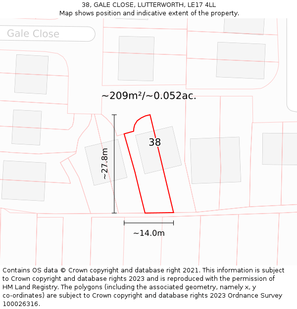38, GALE CLOSE, LUTTERWORTH, LE17 4LL: Plot and title map