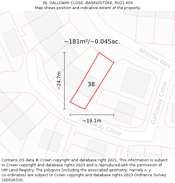 38, GALLOWAY CLOSE, BASINGSTOKE, RG22 6SX: Plot and title map