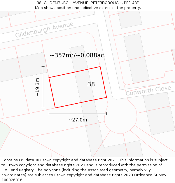 38, GILDENBURGH AVENUE, PETERBOROUGH, PE1 4RF: Plot and title map