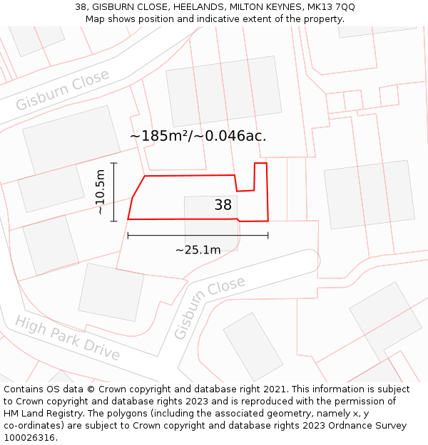 38, GISBURN CLOSE, HEELANDS, MILTON KEYNES, MK13 7QQ: Plot and title map