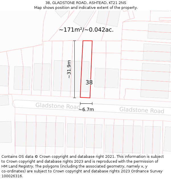 38, GLADSTONE ROAD, ASHTEAD, KT21 2NS: Plot and title map