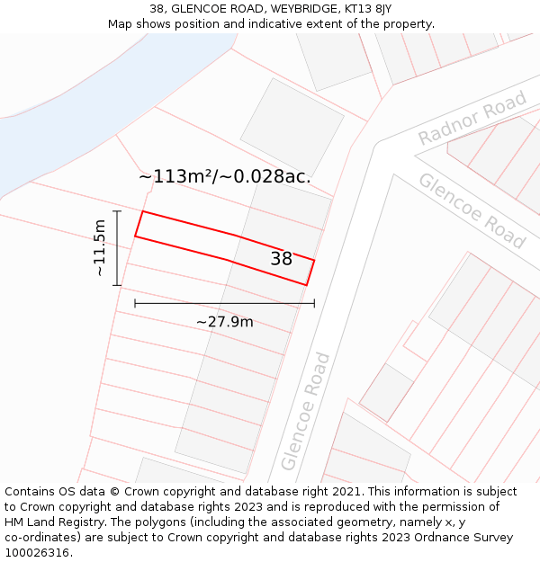 38, GLENCOE ROAD, WEYBRIDGE, KT13 8JY: Plot and title map