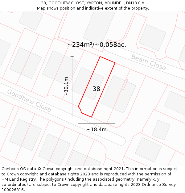 38, GOODHEW CLOSE, YAPTON, ARUNDEL, BN18 0JA: Plot and title map