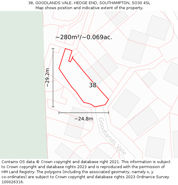 38, GOODLANDS VALE, HEDGE END, SOUTHAMPTON, SO30 4SL: Plot and title map