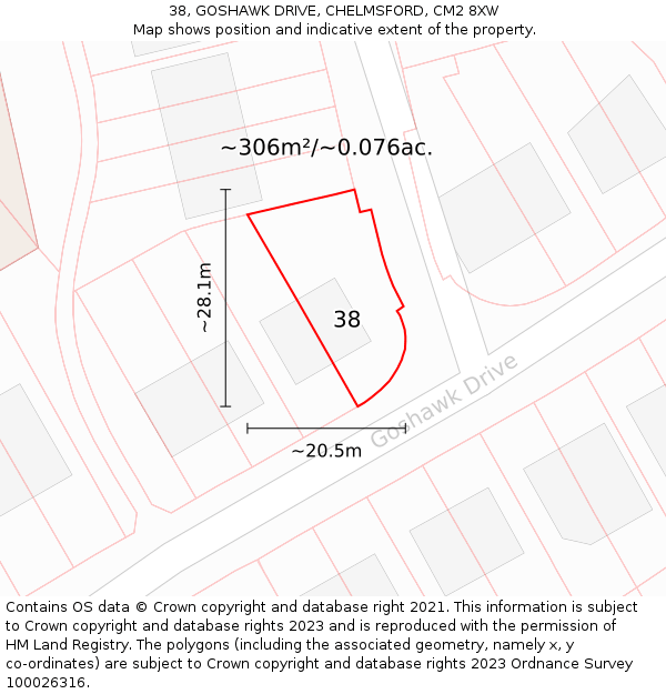 38, GOSHAWK DRIVE, CHELMSFORD, CM2 8XW: Plot and title map