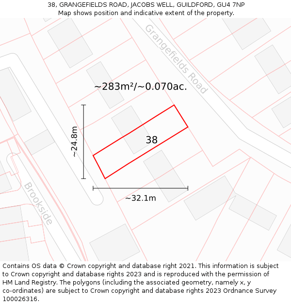 38, GRANGEFIELDS ROAD, JACOBS WELL, GUILDFORD, GU4 7NP: Plot and title map