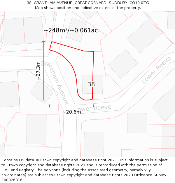 38, GRANTHAM AVENUE, GREAT CORNARD, SUDBURY, CO10 0ZG: Plot and title map