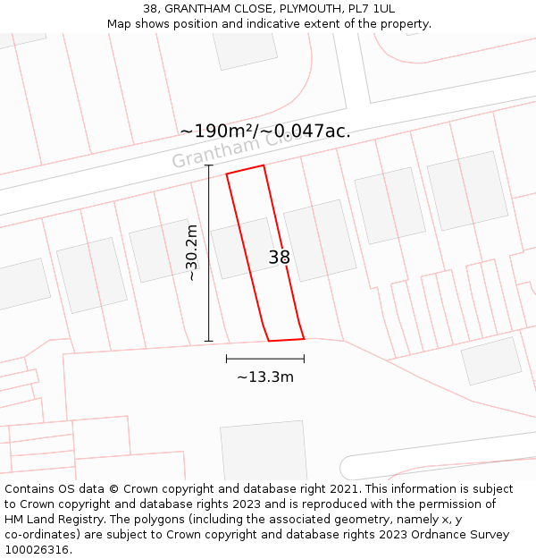 38, GRANTHAM CLOSE, PLYMOUTH, PL7 1UL: Plot and title map