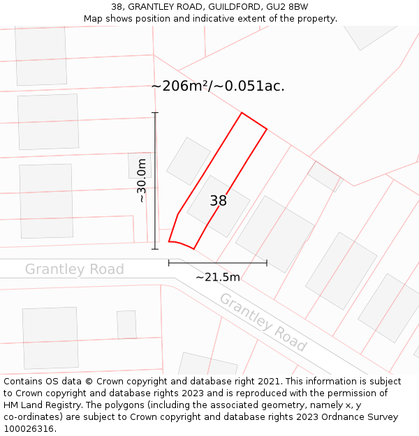 38, GRANTLEY ROAD, GUILDFORD, GU2 8BW: Plot and title map