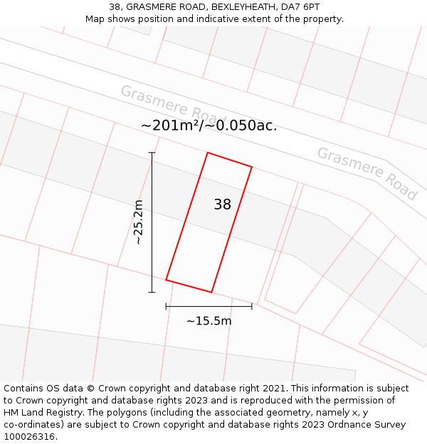 38, GRASMERE ROAD, BEXLEYHEATH, DA7 6PT: Plot and title map