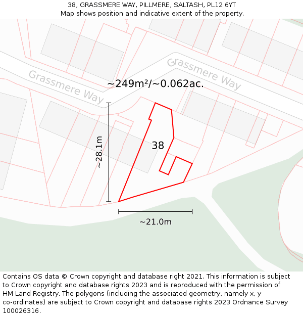 38, GRASSMERE WAY, PILLMERE, SALTASH, PL12 6YT: Plot and title map