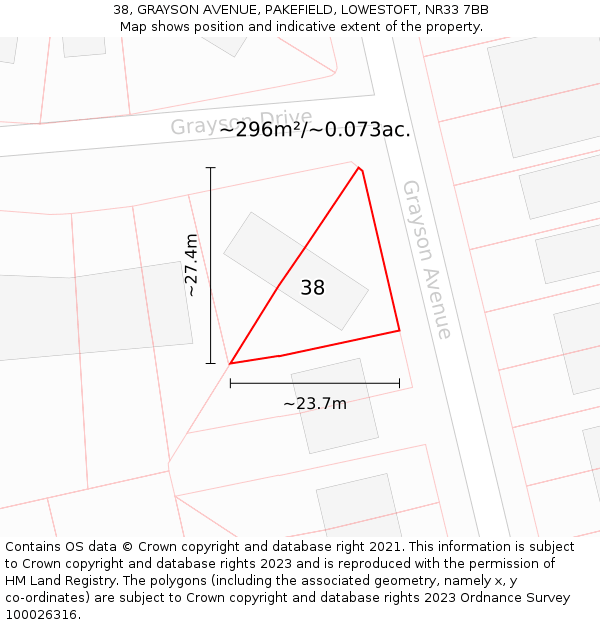 38, GRAYSON AVENUE, PAKEFIELD, LOWESTOFT, NR33 7BB: Plot and title map