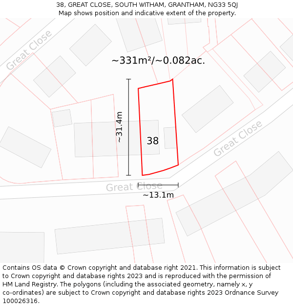 38, GREAT CLOSE, SOUTH WITHAM, GRANTHAM, NG33 5QJ: Plot and title map