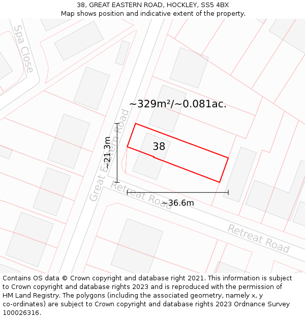 38, GREAT EASTERN ROAD, HOCKLEY, SS5 4BX: Plot and title map