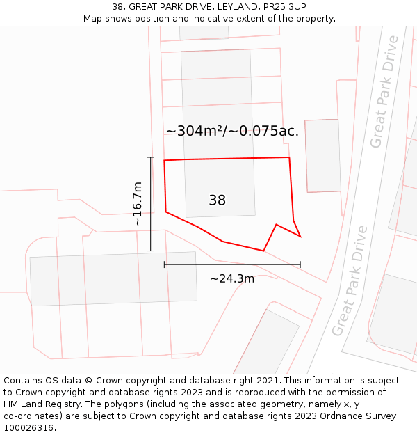 38, GREAT PARK DRIVE, LEYLAND, PR25 3UP: Plot and title map
